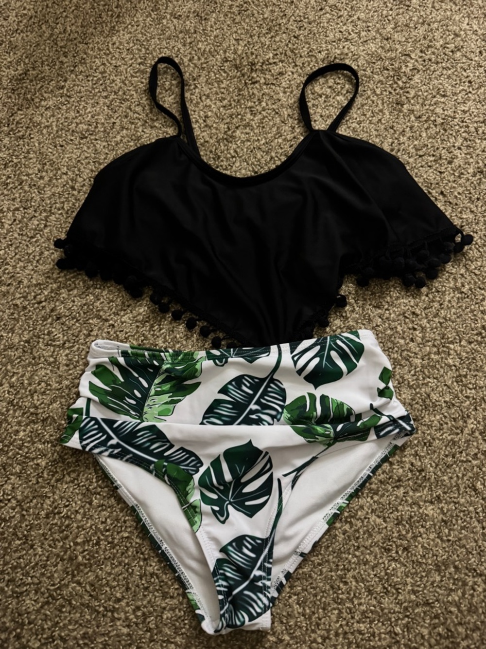 SHEIN Black Pom-Trim Bikini Top with Green Leaf Print High-Waist Bottoms